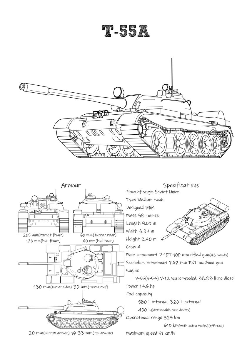 T55 Drawing 'Soviet T55A tank white' Poster, picture, metal print, paint by POTATO ...