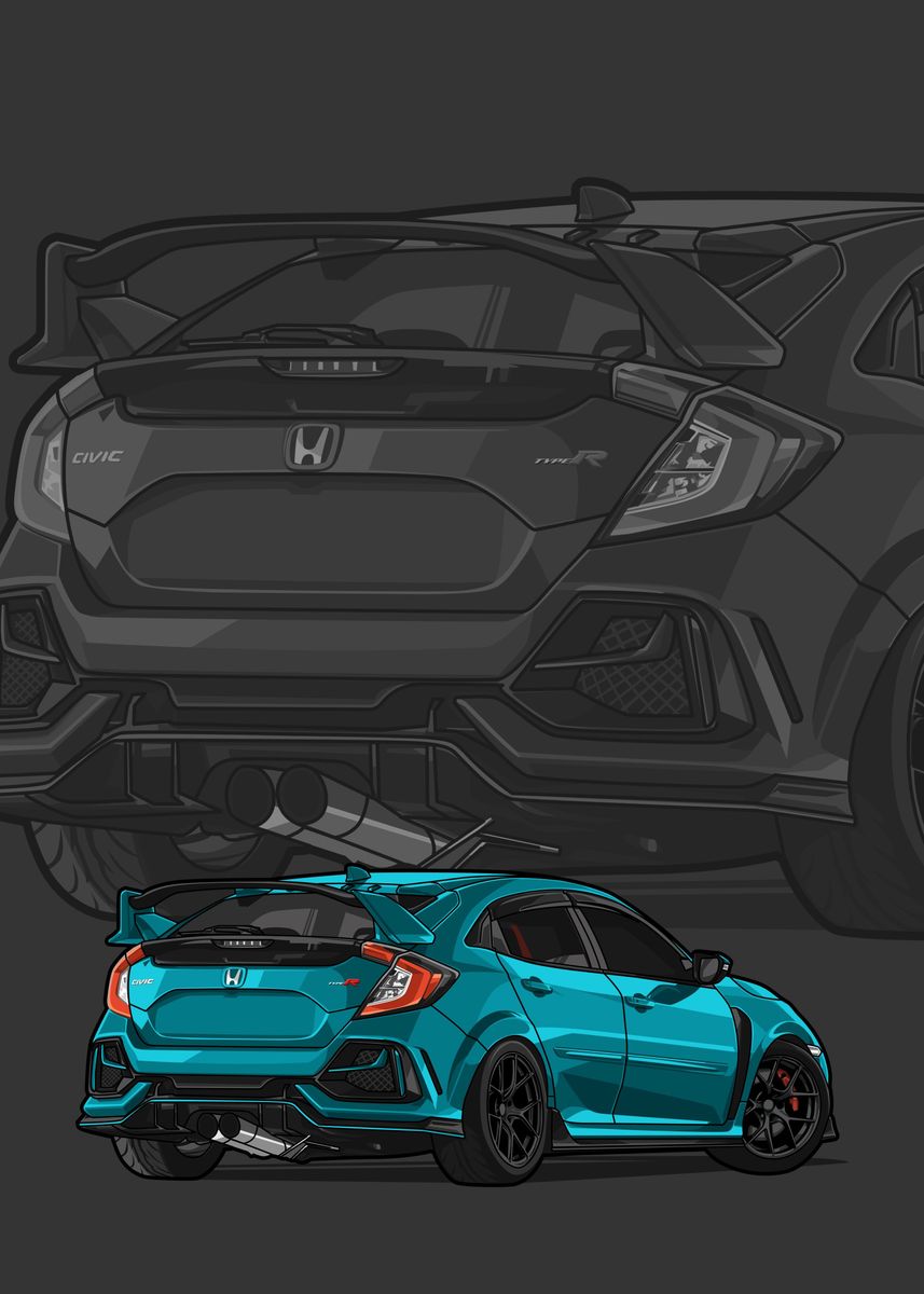 'civic type r cyan poster' Poster, picture, metal print, paint by ...