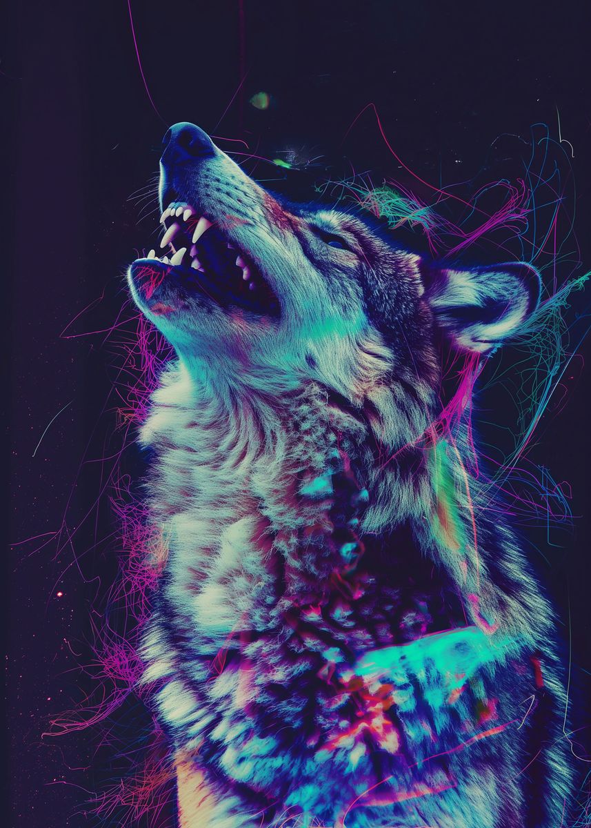 'Neon Glitch wolf' Poster, picture, metal print, paint by Kitty Bern ...
