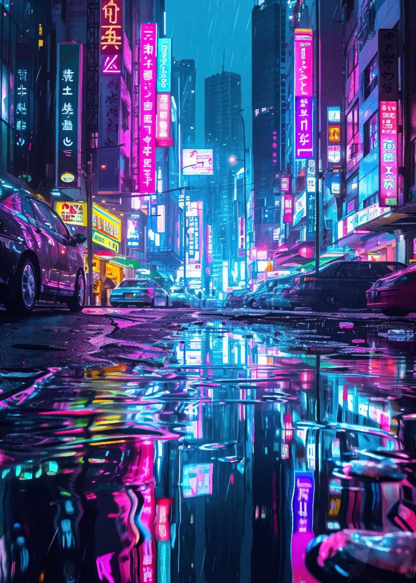 'Cyberpunk City Neon Japan' Poster, picture, metal print, paint by ...