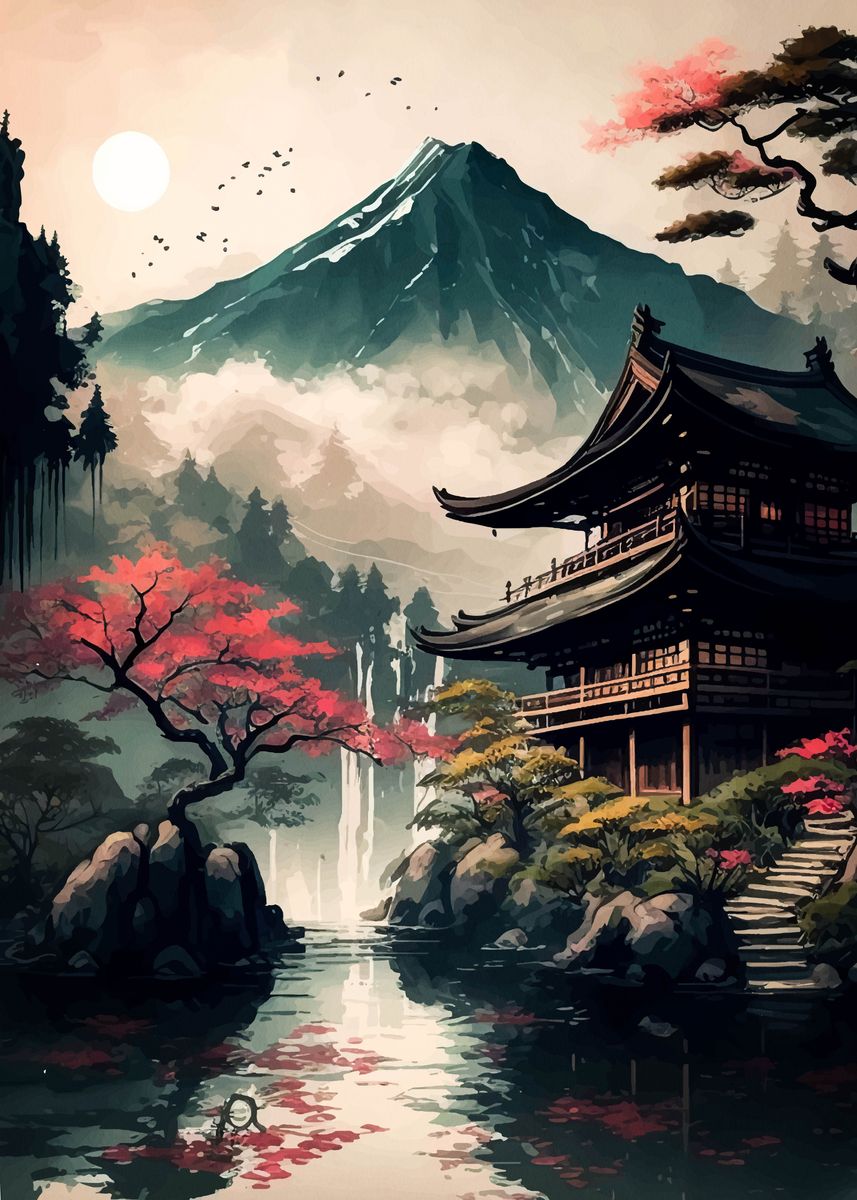 'Japan Mountain Landscape' Poster, picture, metal print, paint by ...