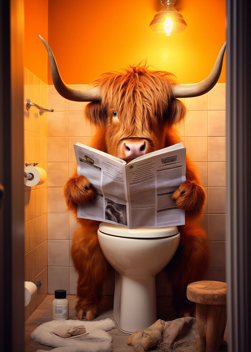 'Highland Cow on the Toilet' Poster, picture, metal print, paint by ...