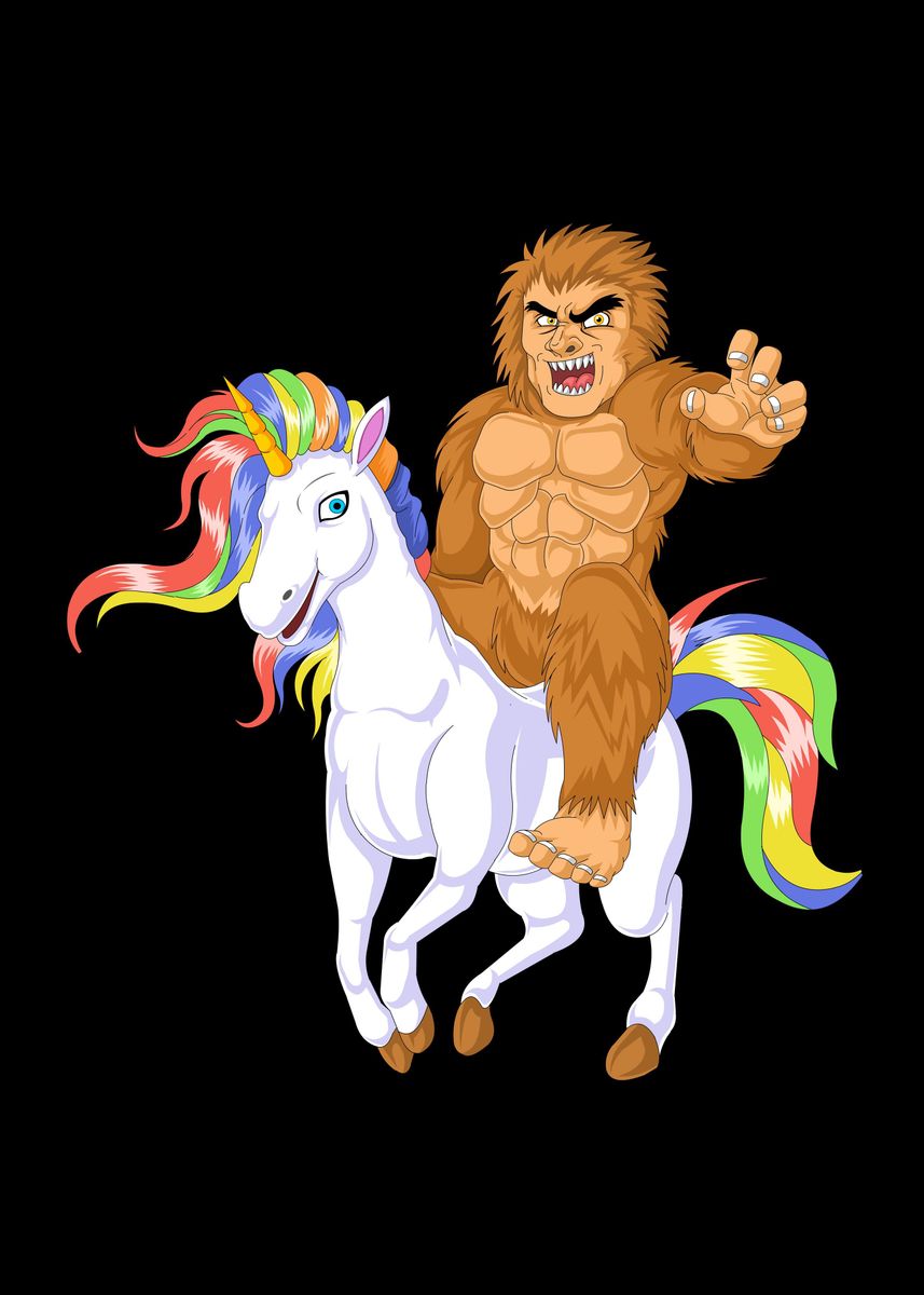 Sasquatch Riding Zebra 'bigfoot riding unicorn' Poster, picture, metal print, paint by Yacoub ...