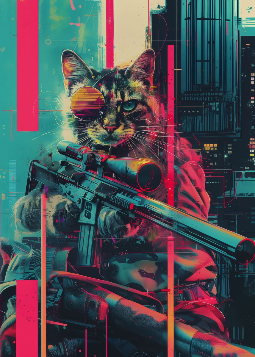 'The Cyberpunk Sniper Cat' Poster, picture, metal print, paint by ...