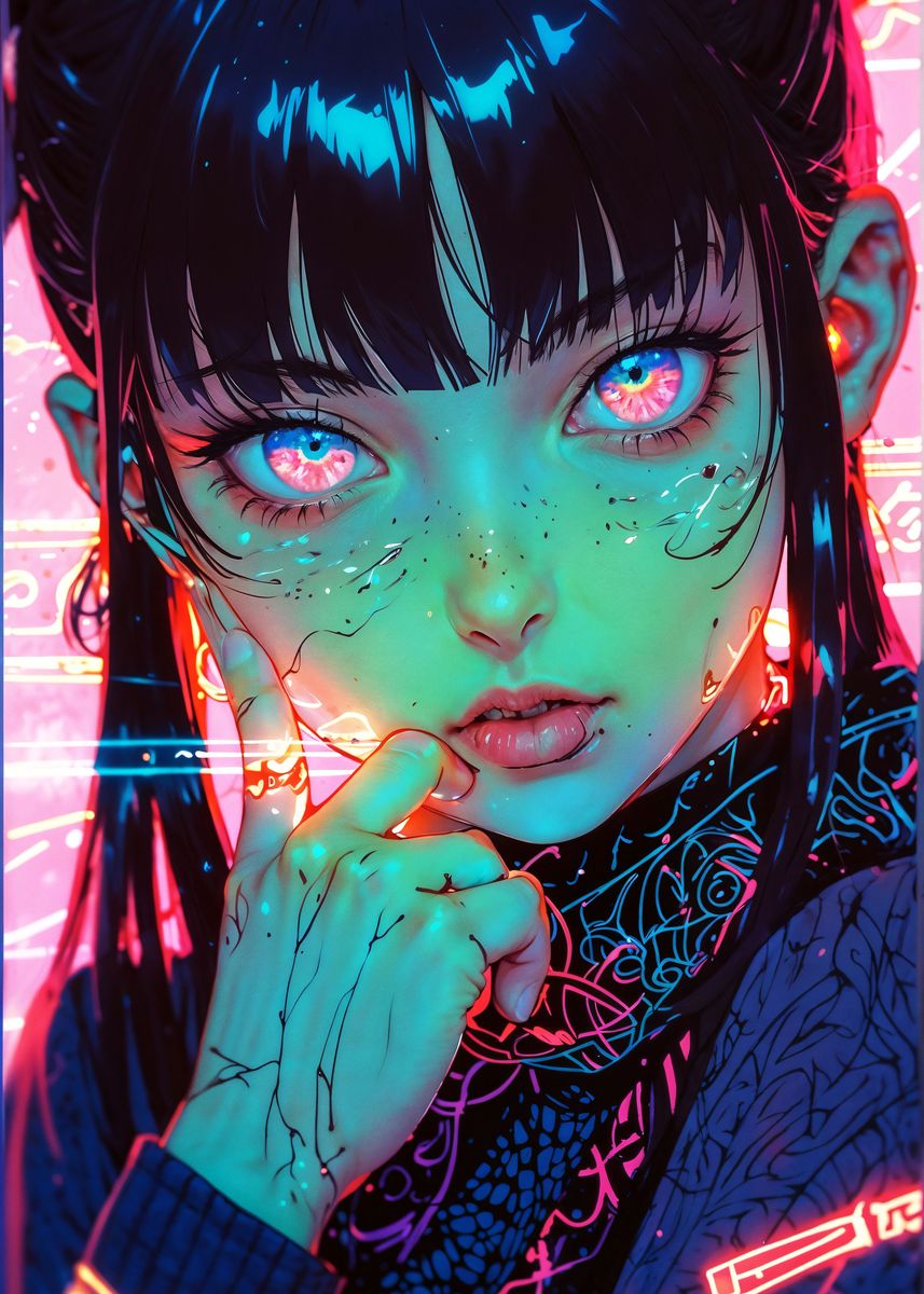 'Playful Anime Girl Neon' Poster, picture, metal print, paint by ...