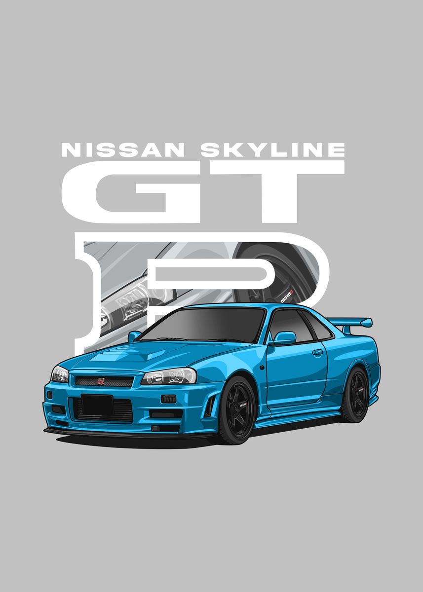 'Nissan r34 Skyline cyan' Poster, picture, metal print, paint by ...