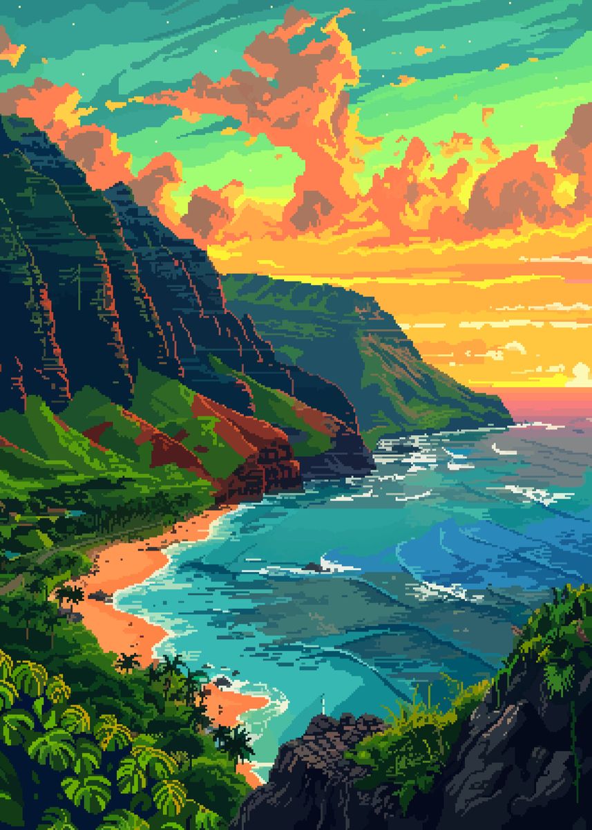 'Kauai Hawaii Pixel Art' Poster, picture, metal print, paint by LVTFCO ...