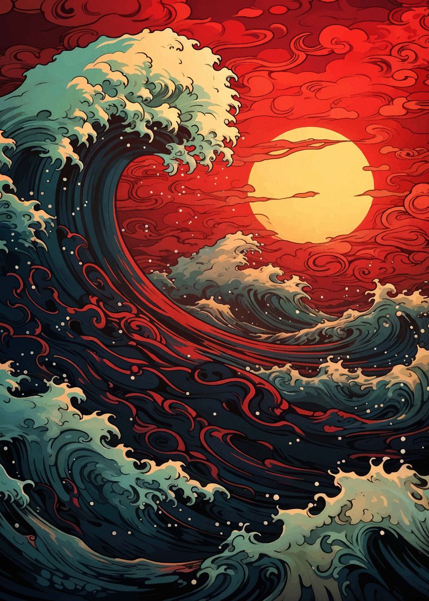 'Japan Wave Sunset' Poster, picture, metal print, paint by Yannis ...