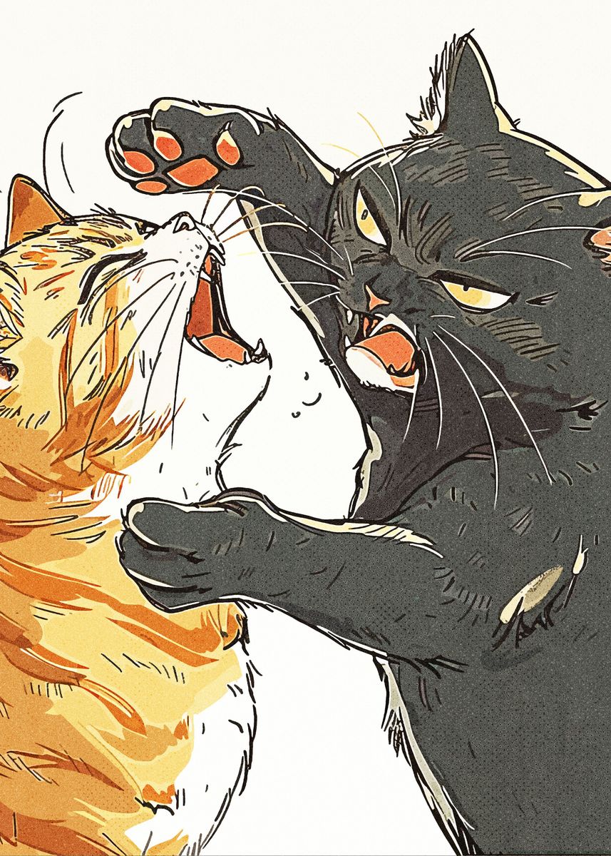 'Orange Cat Vs Black Cat' Poster, picture, metal print, paint by Lucky