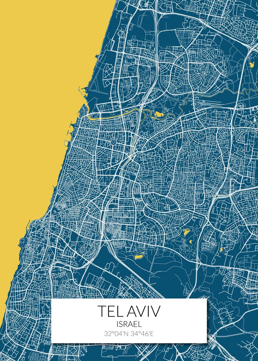 'Tel Aviv Map Blue Yellow' Poster, picture, metal print, paint by ...