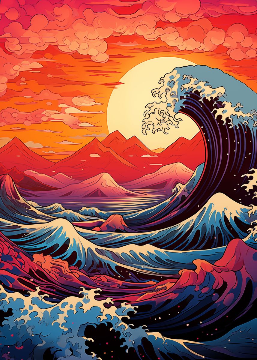 ' Big Wave Sunset' Poster, picture, metal print, paint by Drews | Displate