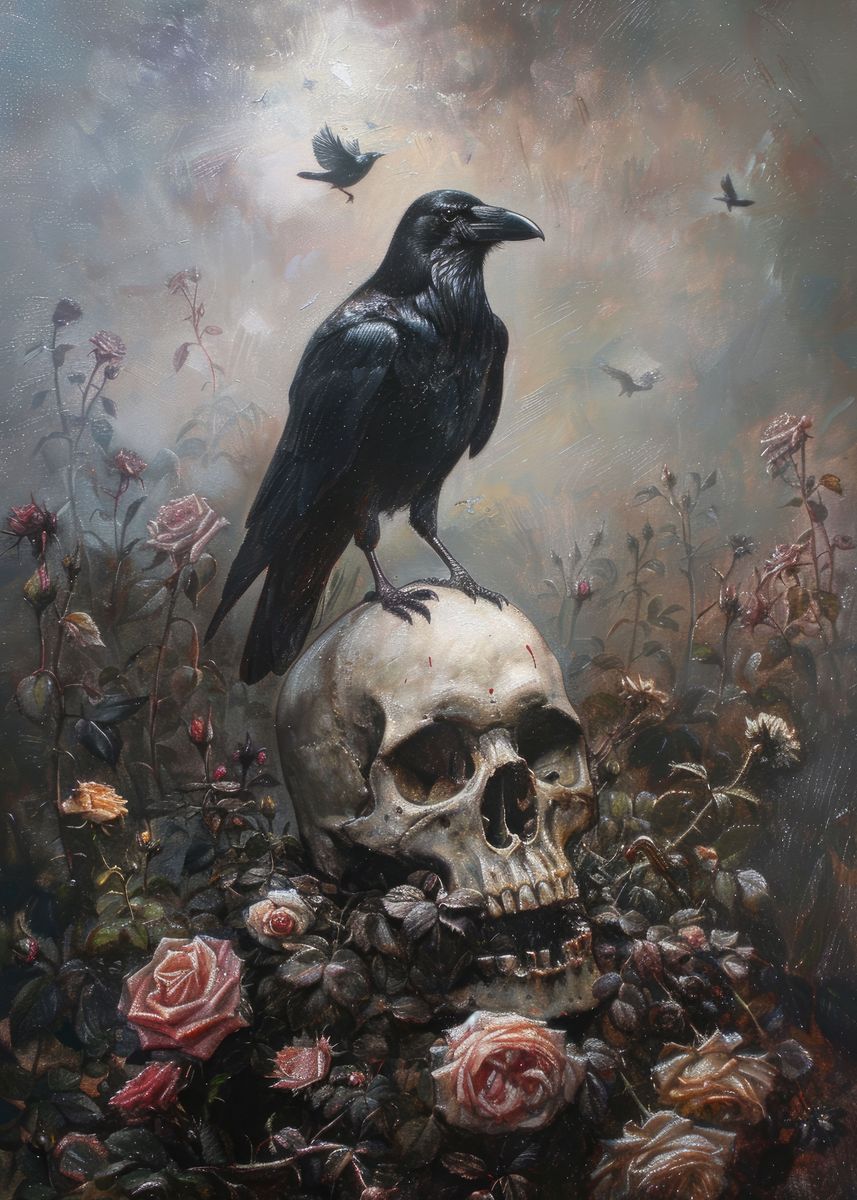 'Black Crow On Skull' Poster, picture, metal print, paint by Senja ...