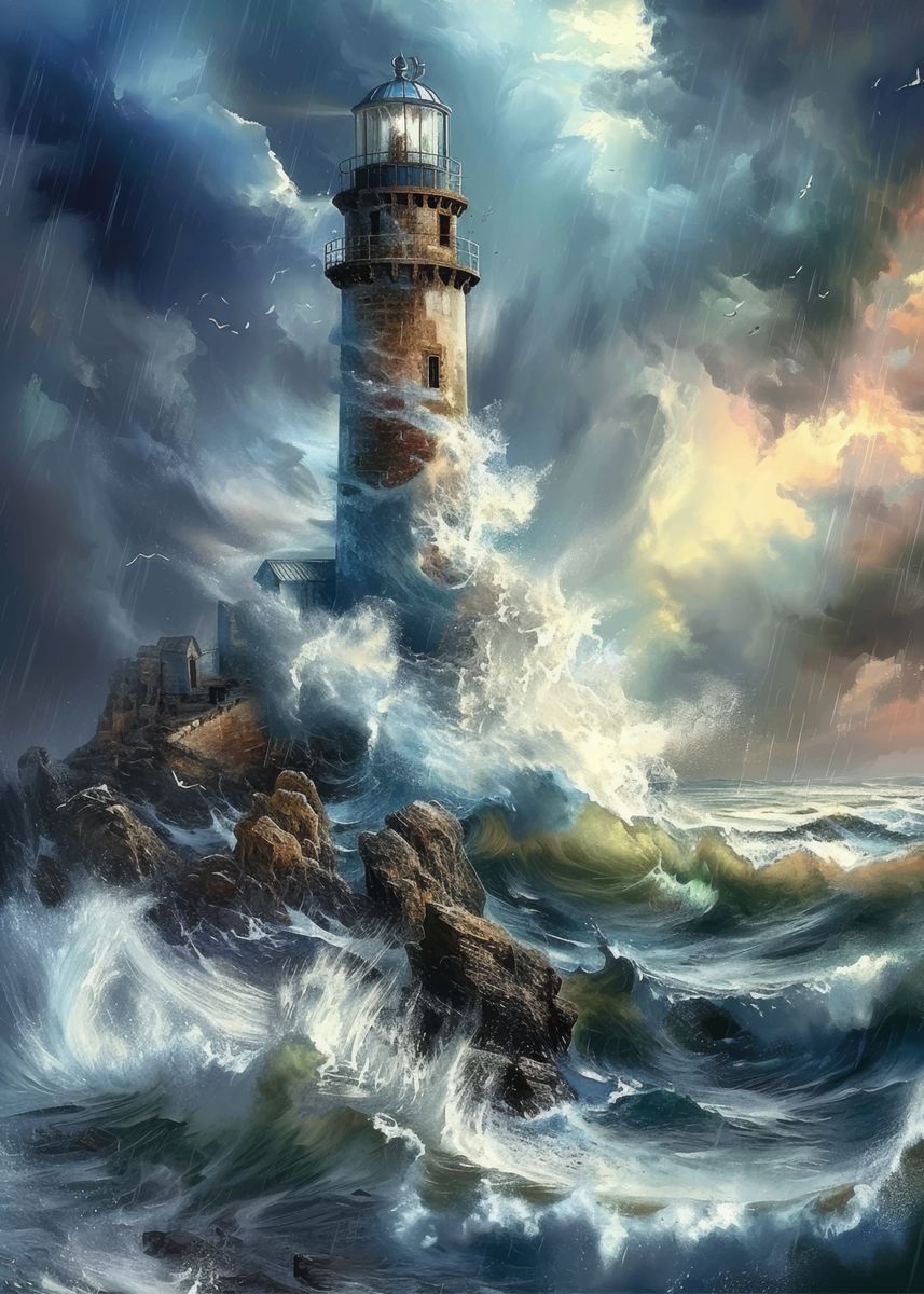 'Lighthouse in the Storm' Poster, picture, metal print, paint by You ...