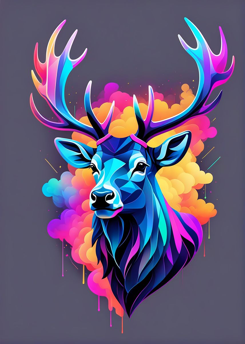 'Elk Neon Colorful ' Poster, picture, metal print, paint by Gangster ...