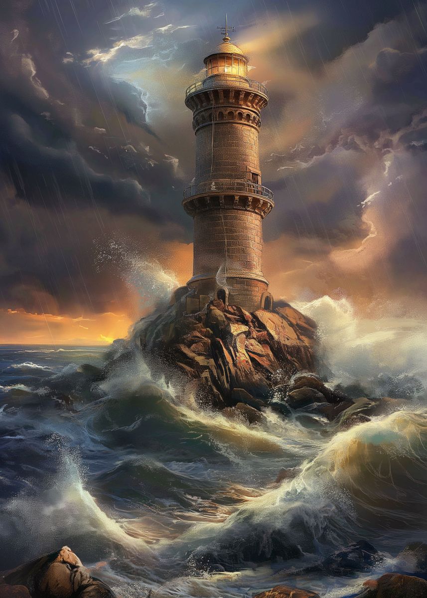 'Lighthouse in the storm' Poster, picture, metal print, paint by ...