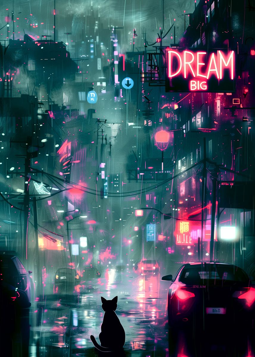 'Cat Cyber city art ' Poster, picture, metal print, paint by Simon ...