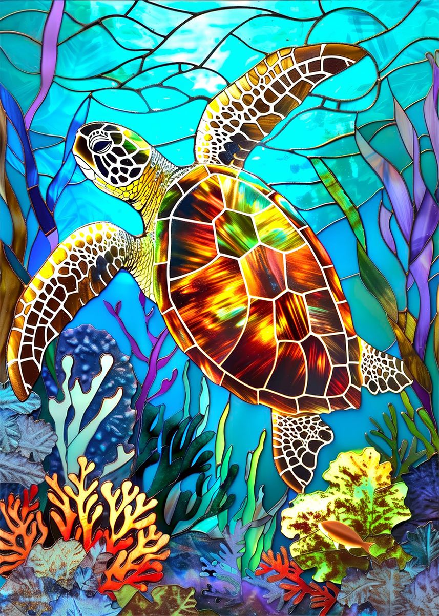 'Stained glass sea turtle' Poster, picture, metal print, paint by Leika ...
