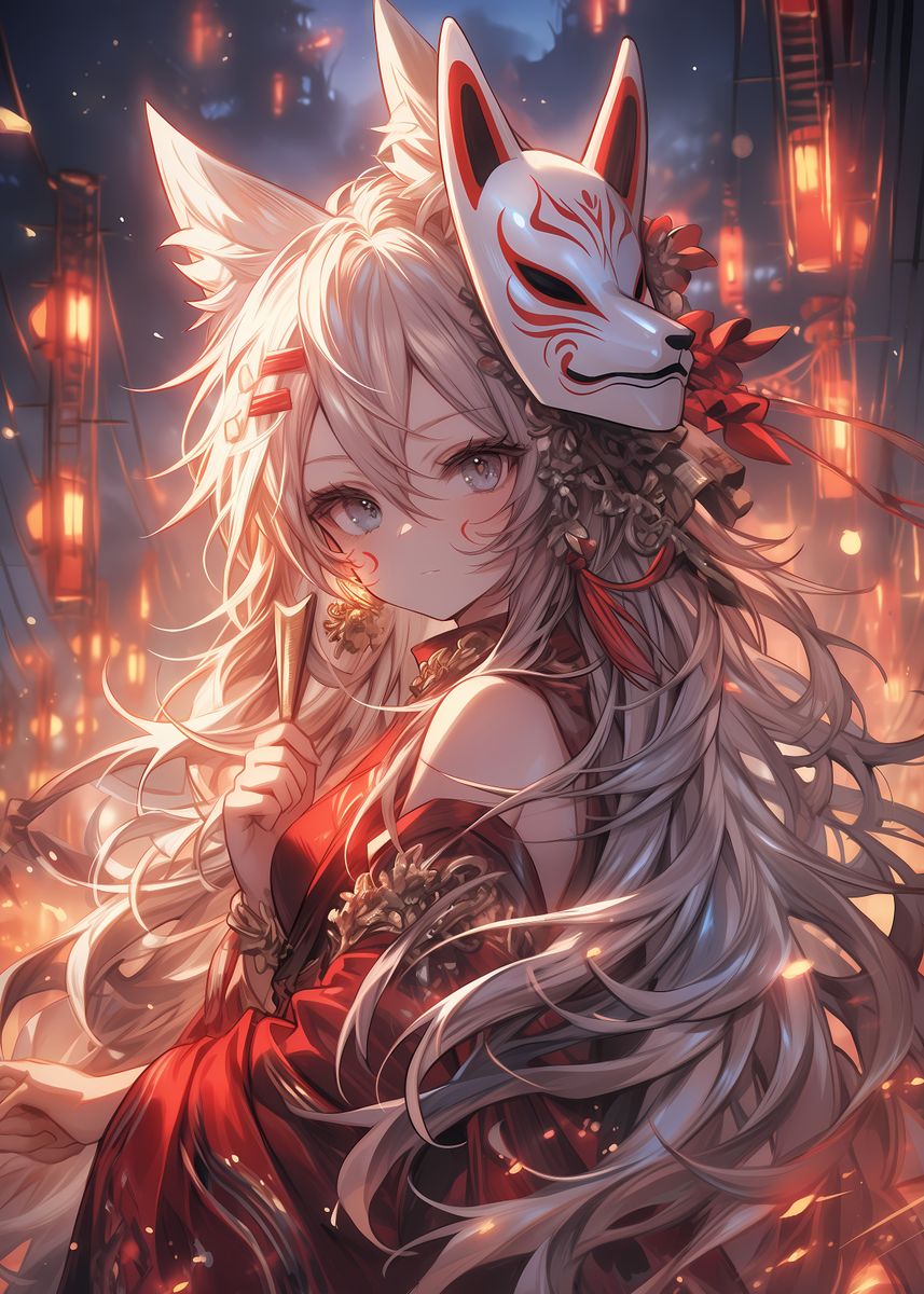 Fox Mask Anime Girl Poster picture metal print paint by Melvina Poole Displate