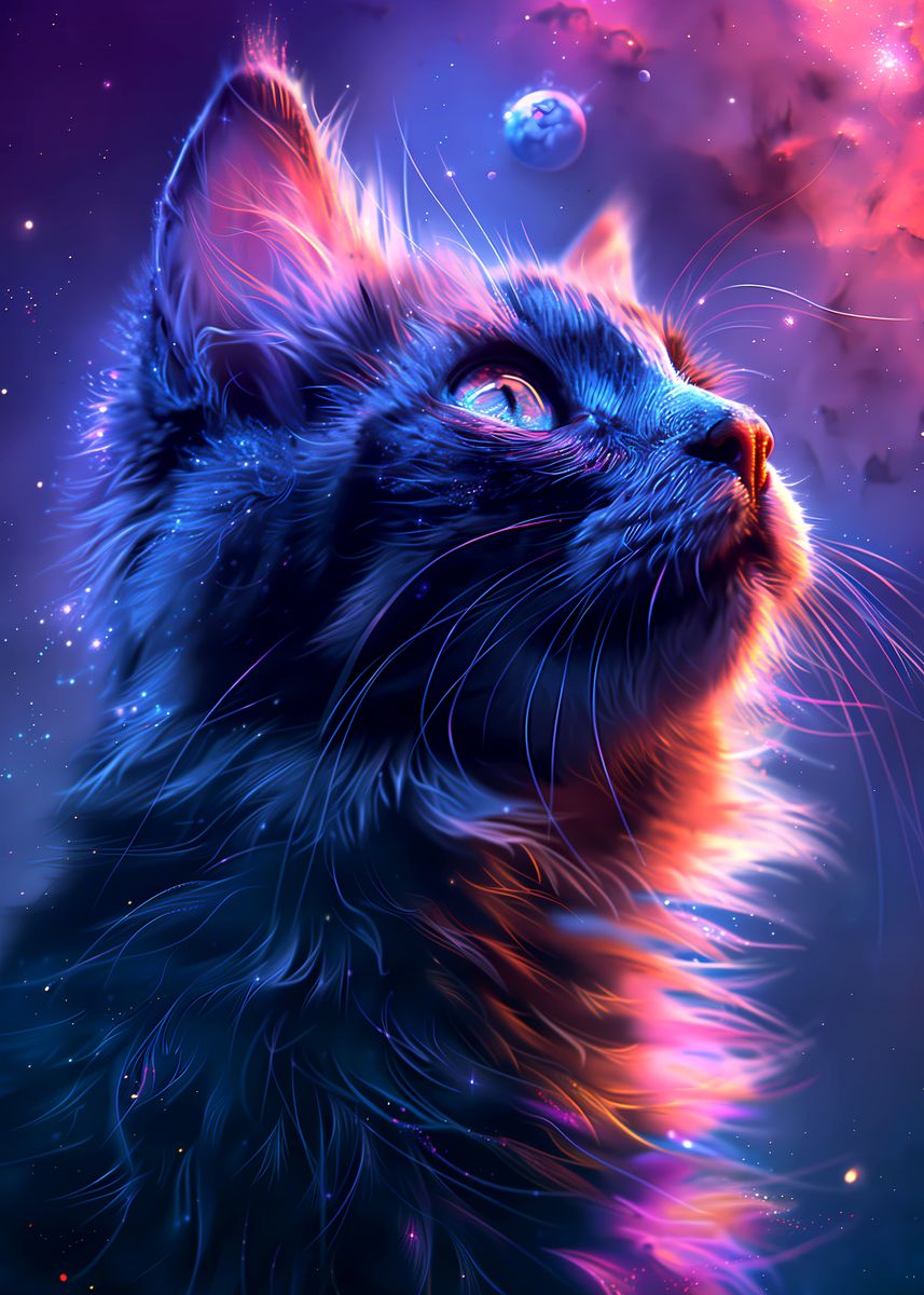 'Cosmic Kitty Nebula Gazing' Poster, picture, metal print, paint by Jan ...