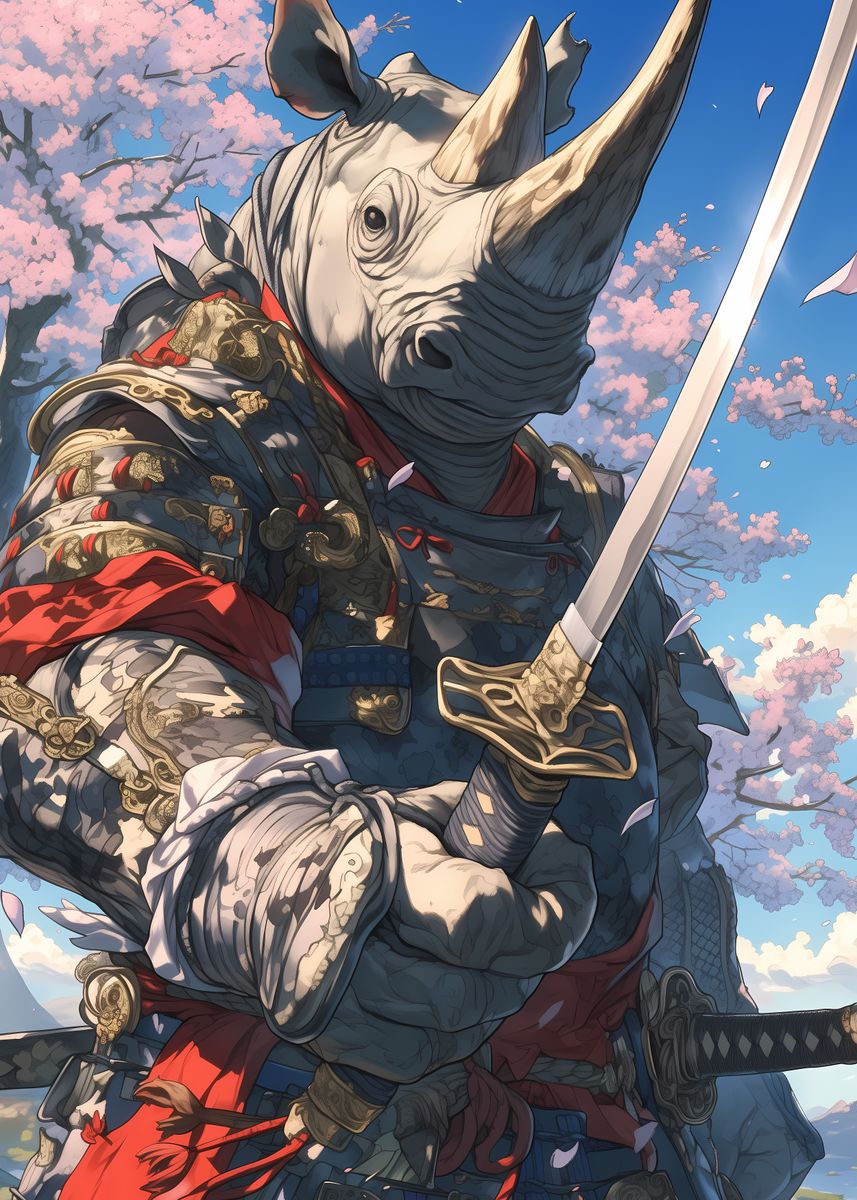 'Samurai Rhino' Poster, picture, metal print, paint by Joshua T Wall ...