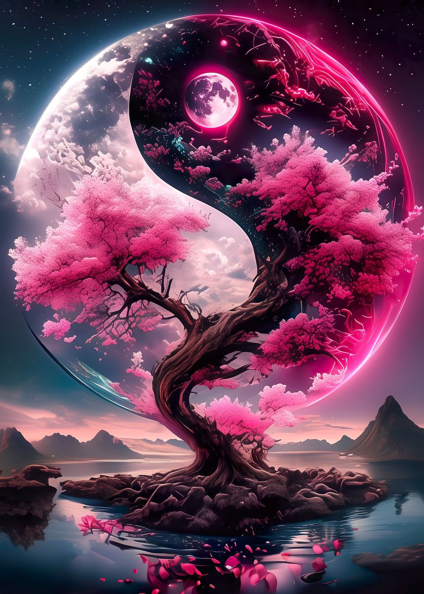 'Cherry Blossom Yin Yang' Poster, picture, metal print, paint by