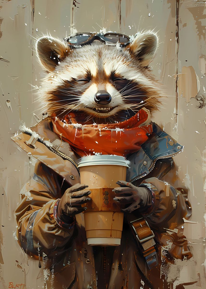 Expresso Racoons 'Raccoon Drinking Coffee' Poster, picture, metal print, paint by Chris ...