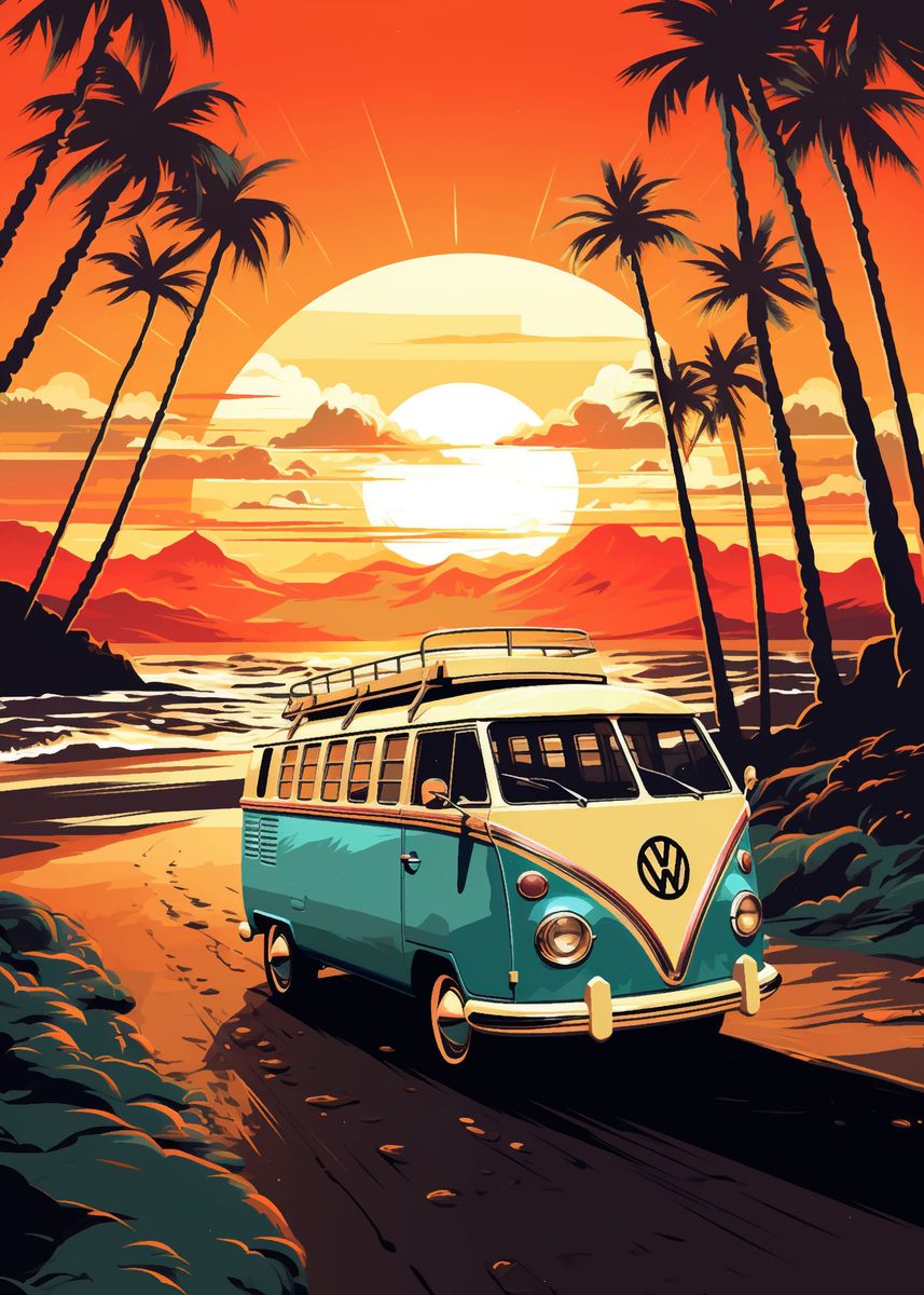 'Retro VW Bus Beach Travel' Poster, picture, metal print, paint by ...