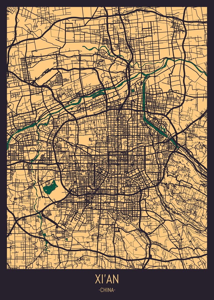 'XiAn China City Street Map' Poster, picture, metal print, paint by ...