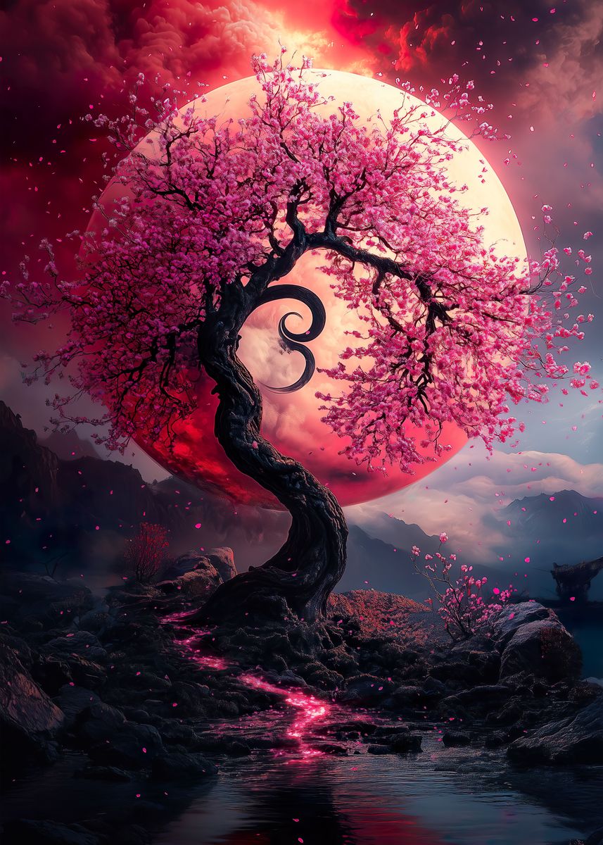 'Cherry Blossom Moonlight' Poster, picture, metal print, paint by(01)