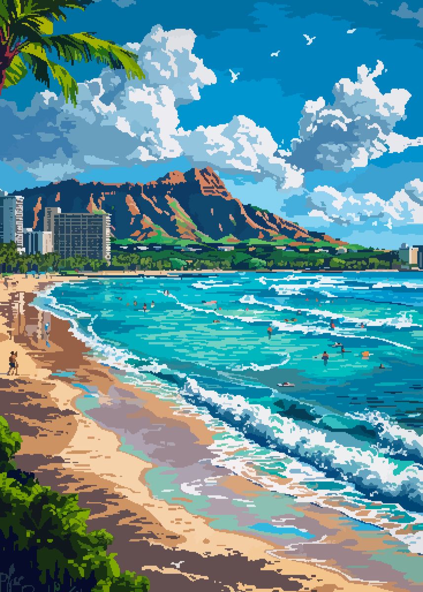 'Waikiki Hawaii Pixel Art' Poster, picture, metal print, paint by ...