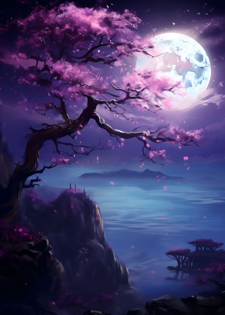 'Cherry Blossom Moonlight' Poster, picture, metal print, paint by