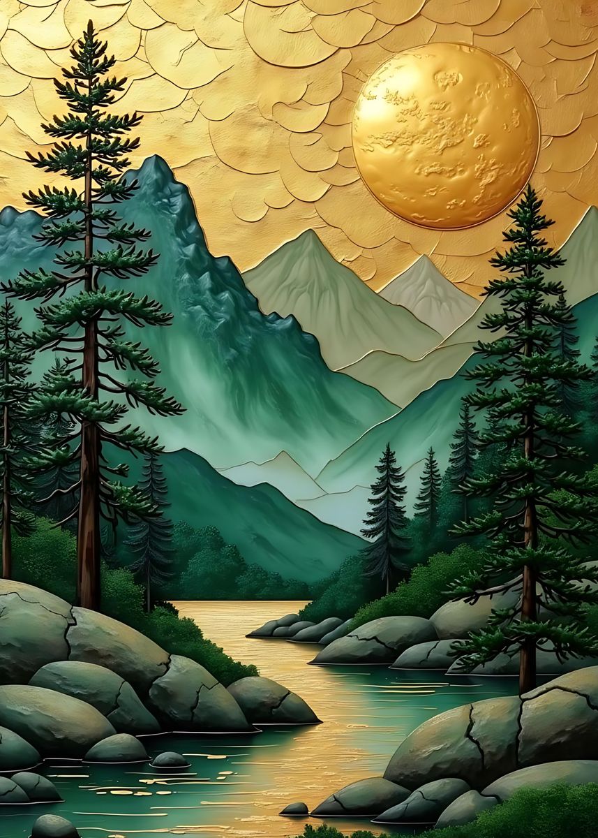 'Golden Mountain River Japanese Kintsugi Landscape ' Poster, picture