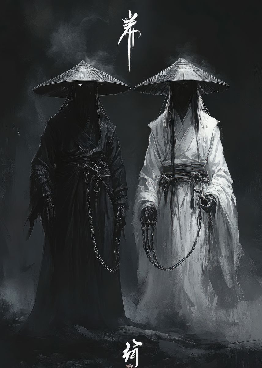 'Black And White Samurai Ghosts' Poster, picture, metal print, paint by