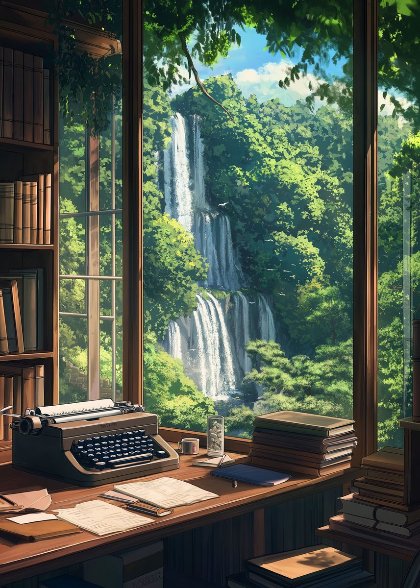 'Waterfall View Writing Desk' Poster, picture, metal print, paint by ...