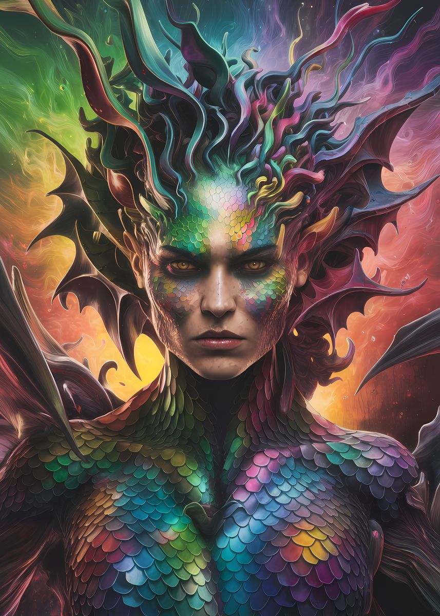 'Rainbow Dragon Woman' Poster, picture, metal print, paint by Blean Displate