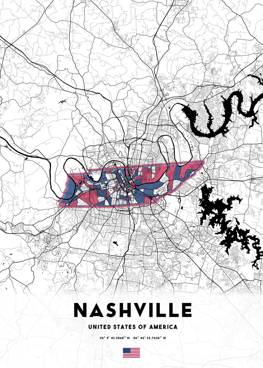 'Nashville City Map' Poster, picture, metal print, paint by | Displate