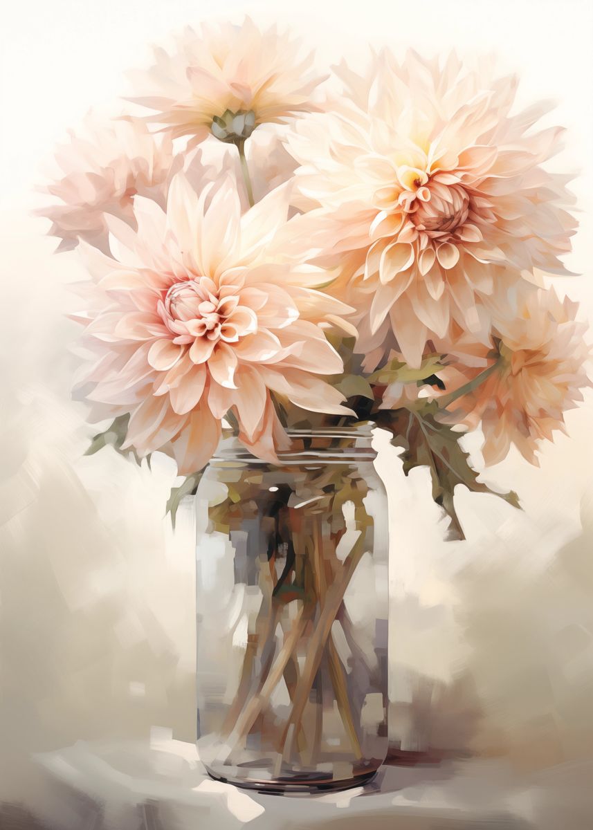 'Peach Dahlias in a Jar Flowers' Poster, picture, metal print, paint by