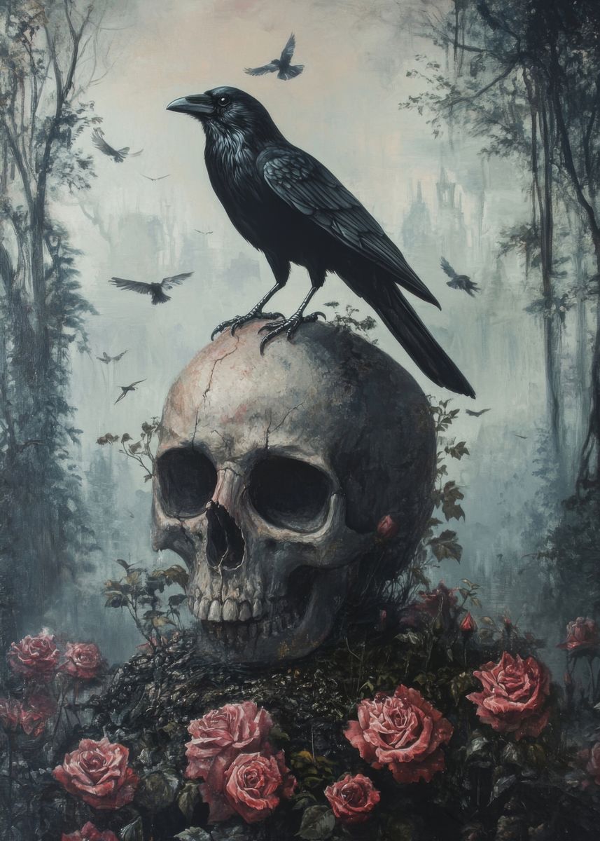 'Crow on Skull with Roses' Poster, picture, metal print, paint by ...
