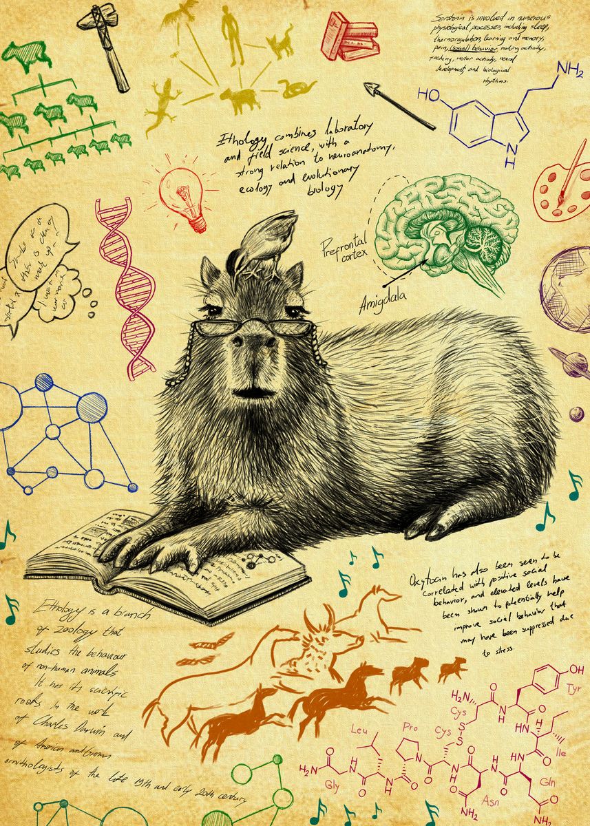 'Capybara Studying Ethology' Poster, picture, metal print, paint by ...