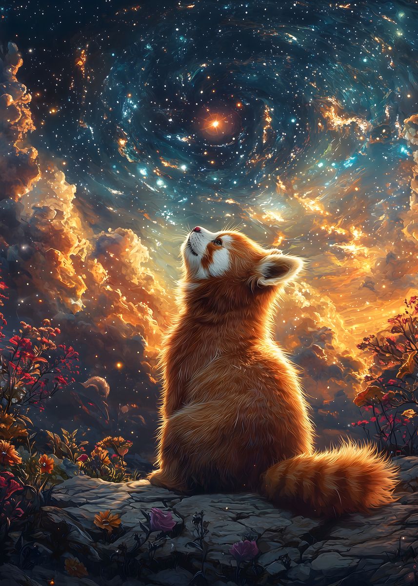 'Red Panda And Starry Sky Cosmic' Poster, picture, metal print, paint ...