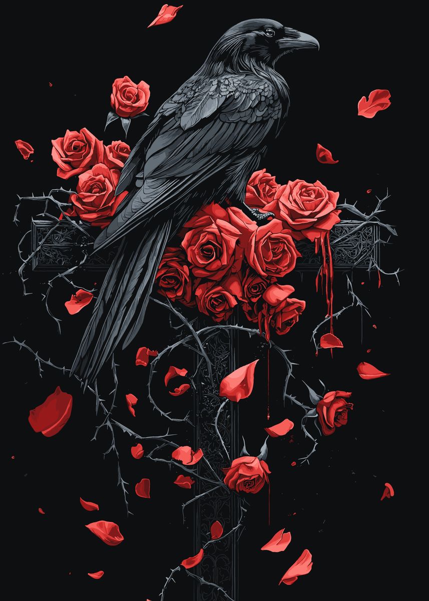 'Gothic Raven and Roses on Gothic Cross' Poster, picture, metal print ...