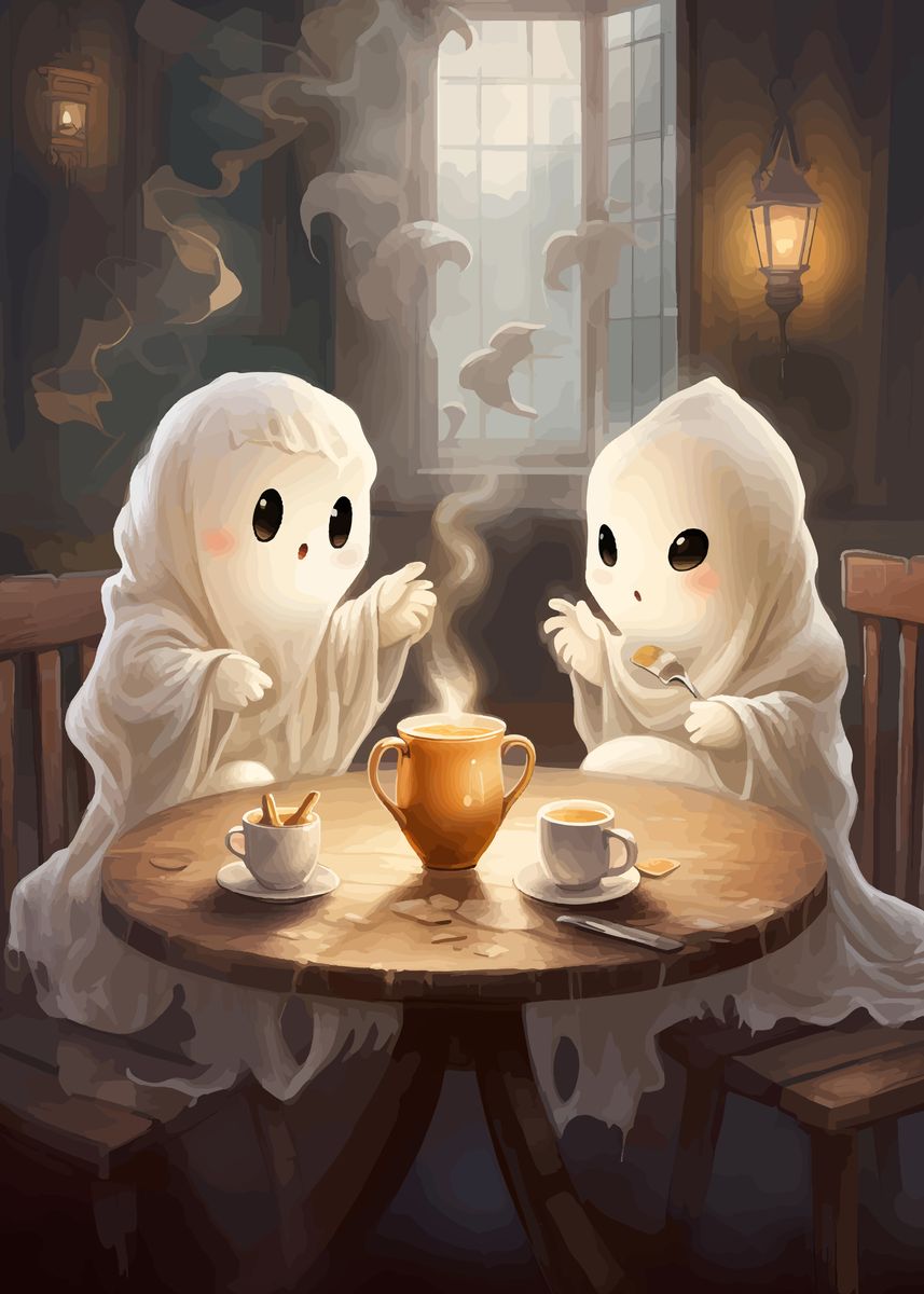 'Ghosts drinking coffee' Poster, picture, metal print, paint by | Displate