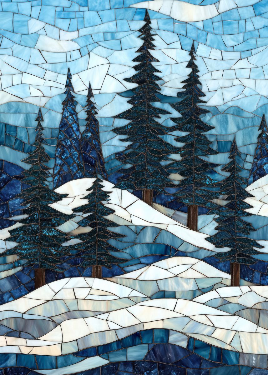 'Stained Glass Winter Mosaic Landscape ' Poster, picture, metal print ...