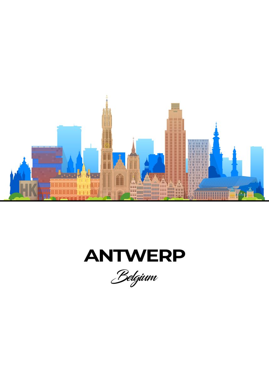 'Antwerp Skyline Illustration' Poster, picture, metal print, paint by ...