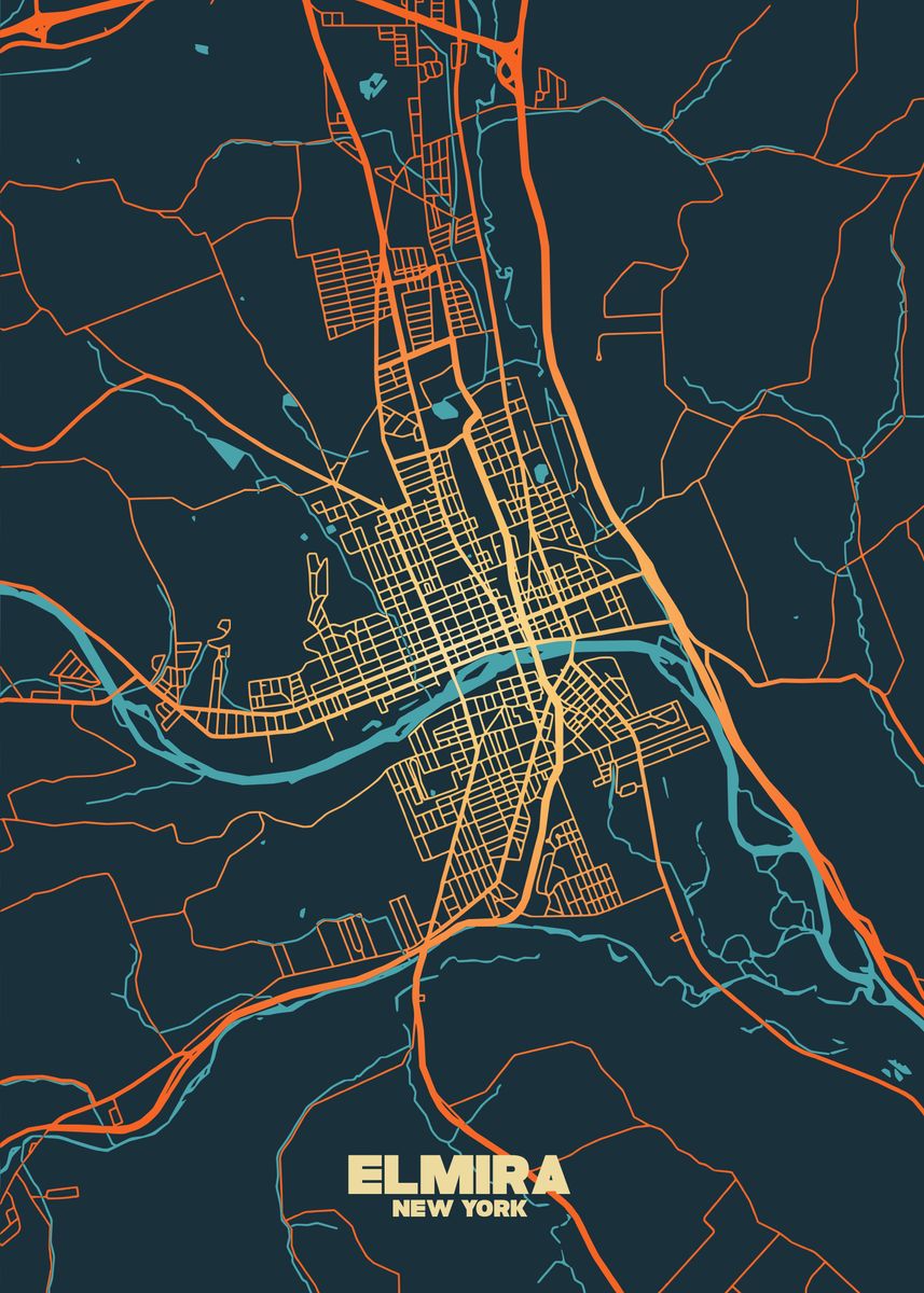 'Elmira, New York City Map' Poster, picture, metal print, paint by ...