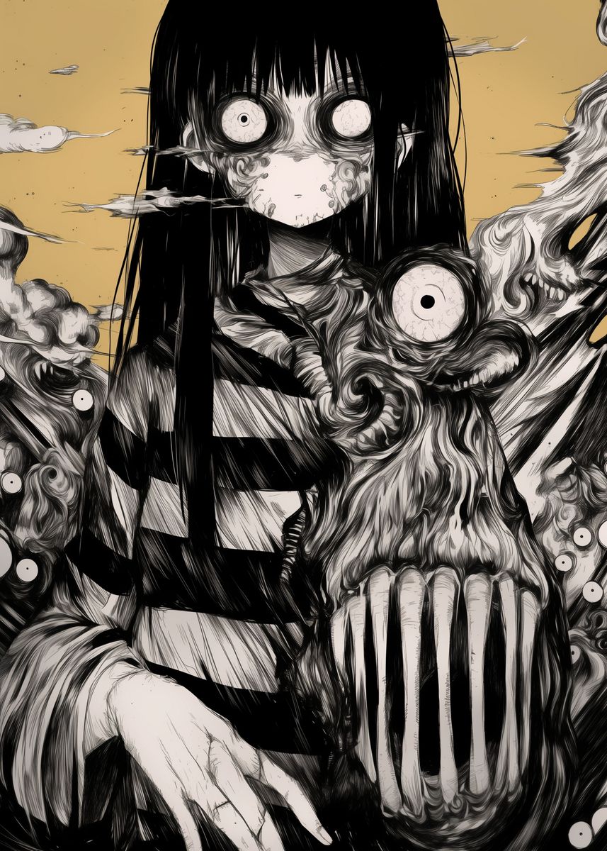 Horror Anime Girl with Monster Poster picture metal print paint by Sumi Kurai Displate