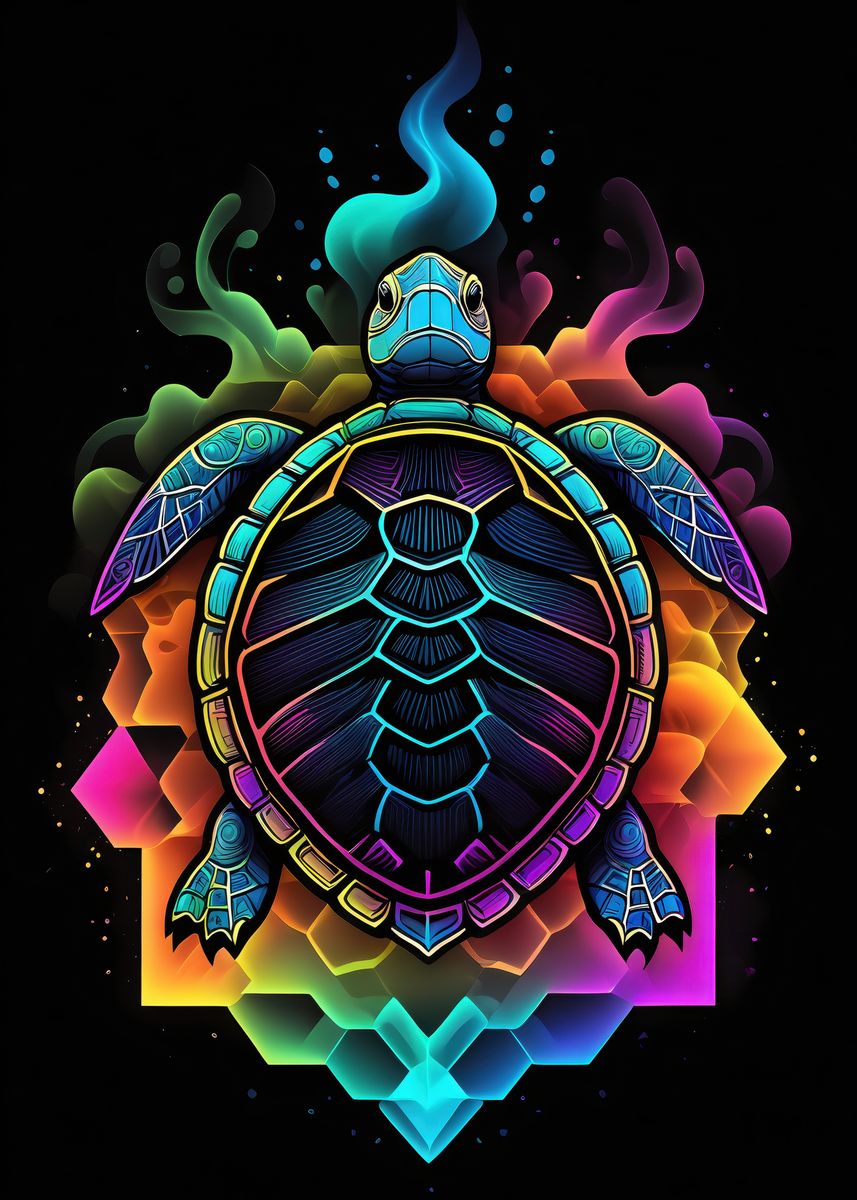 'Neon Turtle' Poster, picture, metal print, paint by vieninsweden ...