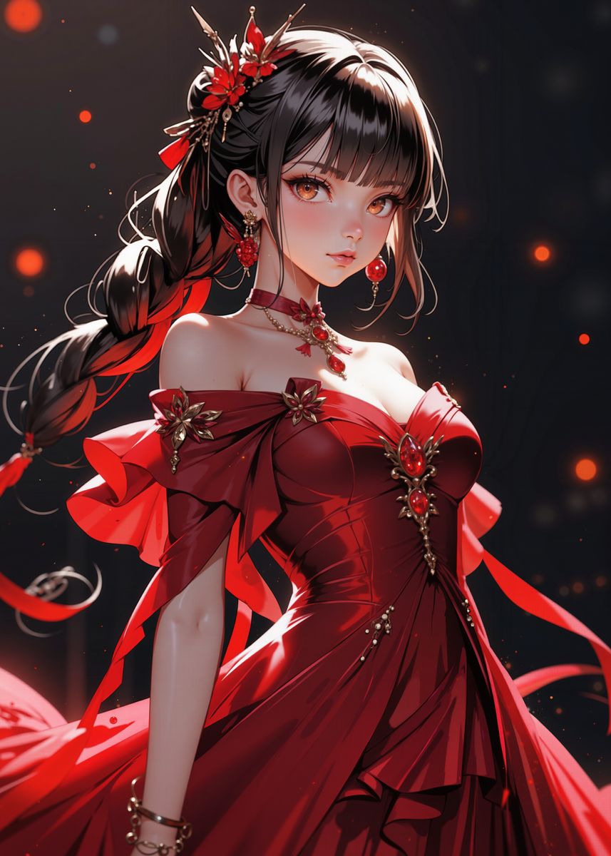 'Anime Girl in Red Dress' Poster, picture, metal print, paint by Lukasz ...