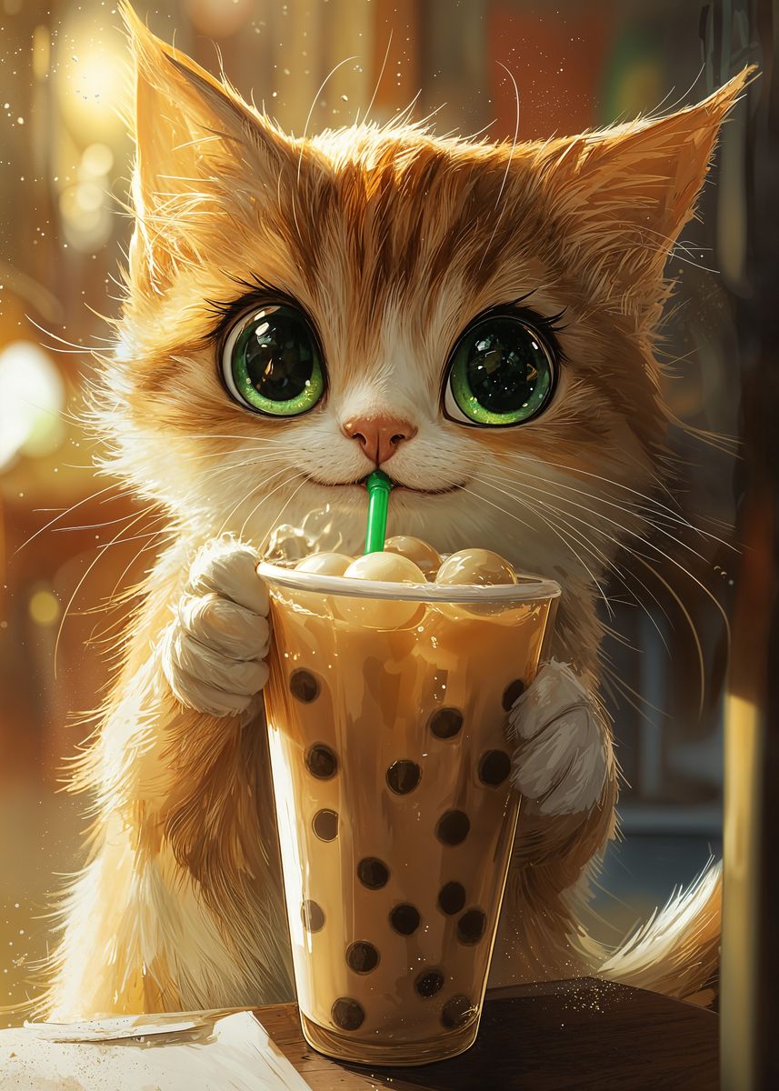 'Cute Cat with Boba Tea' Poster, picture, metal print, paint by ...
