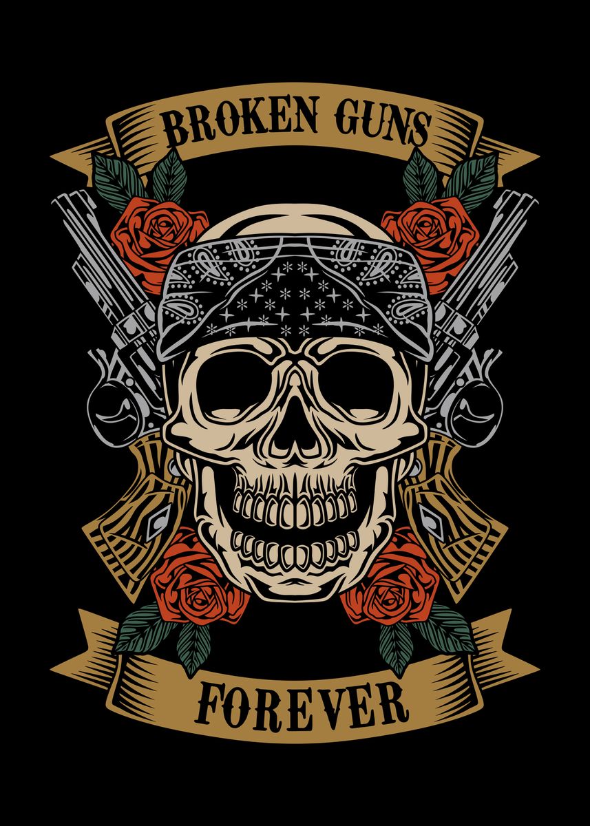 Guns R Roses Skull 'Skull with Guns and Roses' Poster, picture, metal print, paint by ...